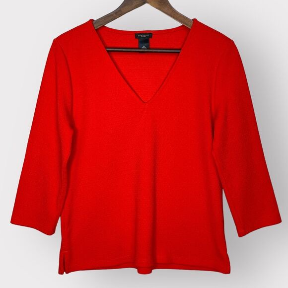Ann Taylor Shirt Top Women Size M Red Textured Substantial Fabric V Neck Stretch - Picture 1 of 12